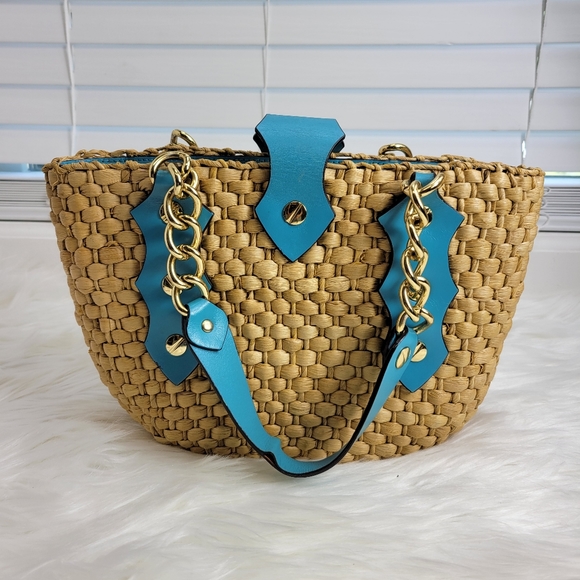 Michael Kors Santorini weave bucket tote wheat blue leather lined rafia straw - Picture 2 of 14